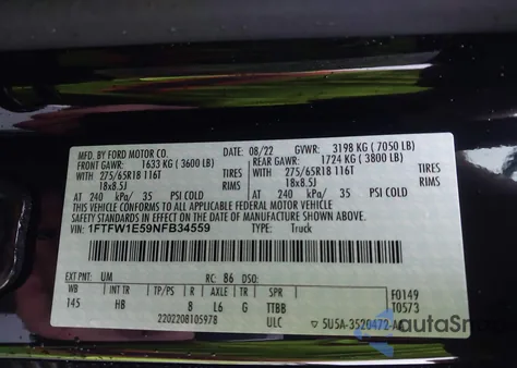 2022 Ford F-150 Lariat из США, поврежденный, VIN 1FTFW1E59NFB34559